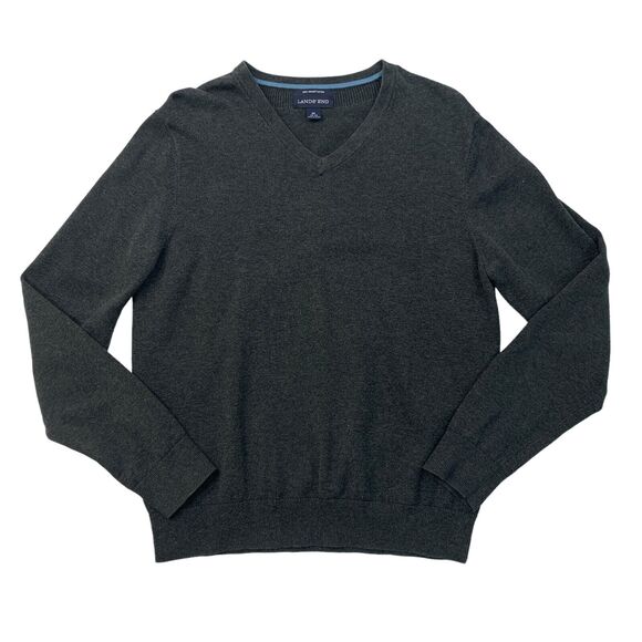 Lands End Sweater Mens M Medium Gray Pima Cotton V Neck Ribbed Trim Pullover - Picture 1 of 12